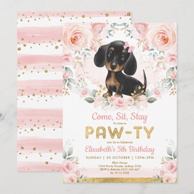 Pink Gold Dackel Girls Birthday Puppy Pet Dog Einladung (Vorne/Hinten)