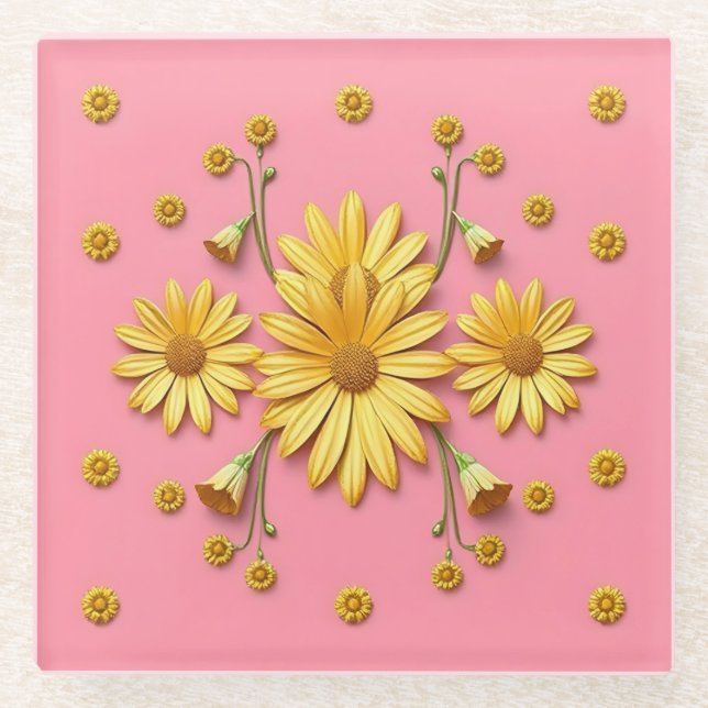 Pink Gold Daisies Glass Untersetzer (Vorderseite)