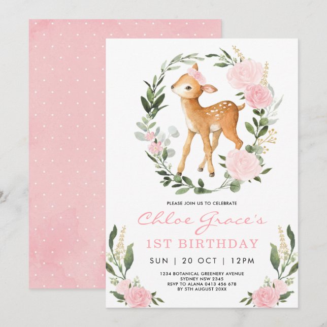 Pink Gold Deer Simple Green Forest Birthday Einladung (Vorne/Hinten)