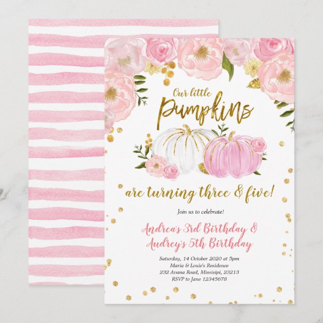 Pink Gold Deux Petits Citrouilles Invitation Anniv (Devant / Derrière)