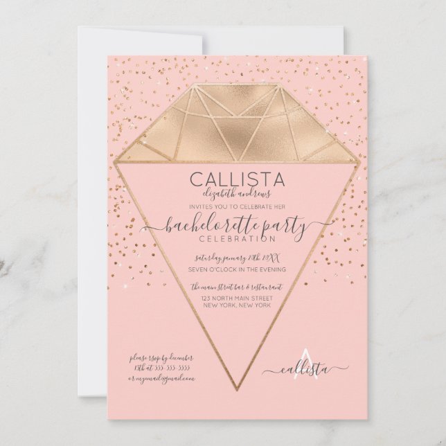 Pink Gold Diamond Confetti Glitzer Bachelorette Einladung (Vorderseite)