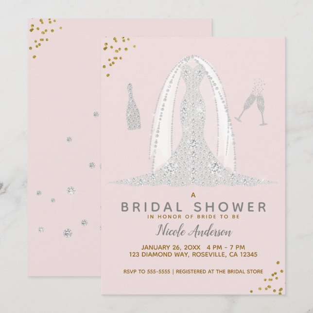 Pink & Gold Diamond Hochzeitskleid Brautparty Einladung (Vorne/Hinten)