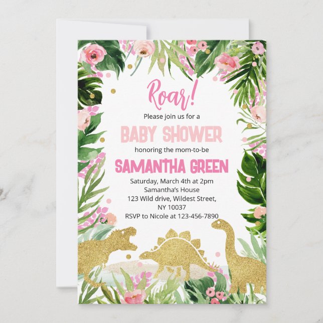 Pink Gold Dinosaur Baby Shower Einladung (Vorderseite)