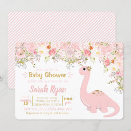 Pink & Gold Dinosaurier Floral Girl Babydusche Einladung