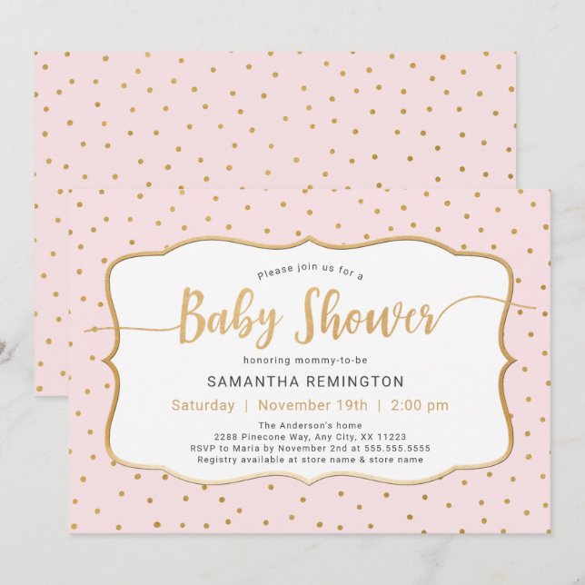Pink Gold Dot Girl Babydusche Einladung (Vorne/Hinten)