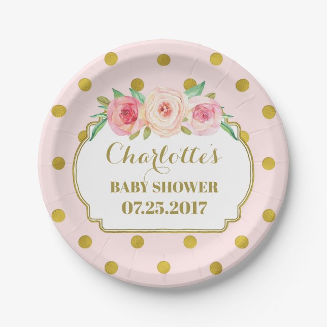 Pink Gold Dots Floral Baby Duschplatte Pappteller (Vorderseite)