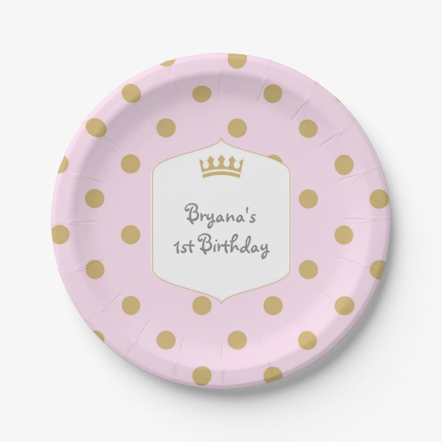 Pink & Gold Dots Royal Crown Princess Party Teller (Vorderseite)