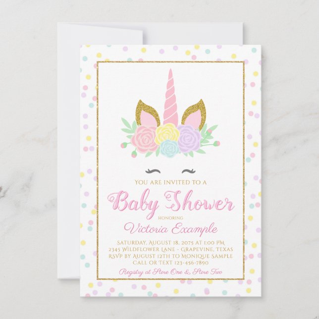 Pink Gold Einhorn Face Girl Baby Dusche Einladung (Vorderseite)