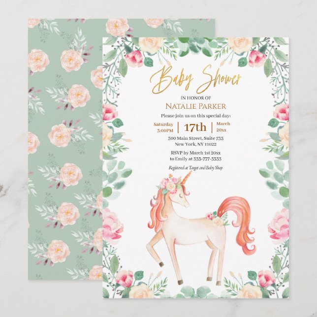 Pink Gold Einhorn Rose Blumengrün Kinderdusche Einladung (Vorne/Hinten)
