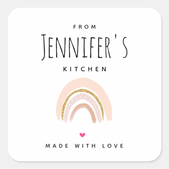 Pink & Gold Elegant Boho Rainbow Kitchen Quadratischer Aufkleber (Vorderseite)