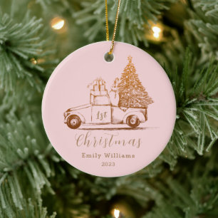 Pink Gold Elegant Foto Baby's First Christmas Keramik Ornament