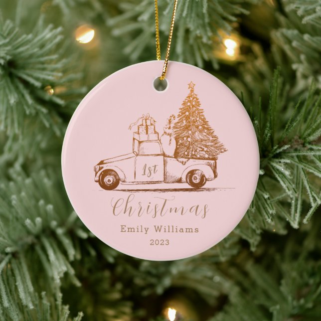 Pink Gold Elegant Foto Baby's First Christmas Keramik Ornament (Baum)