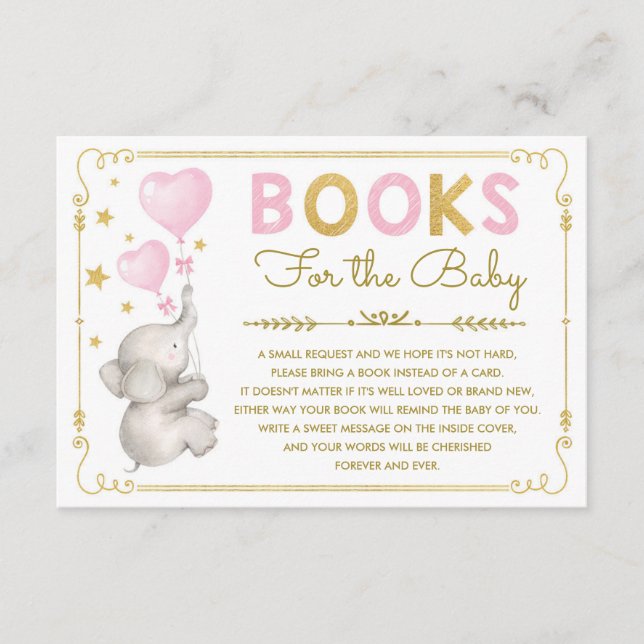 Pink Gold Elephant Baby Girl Bringen Sie eine Book Begleitkarte (Vorderseite)