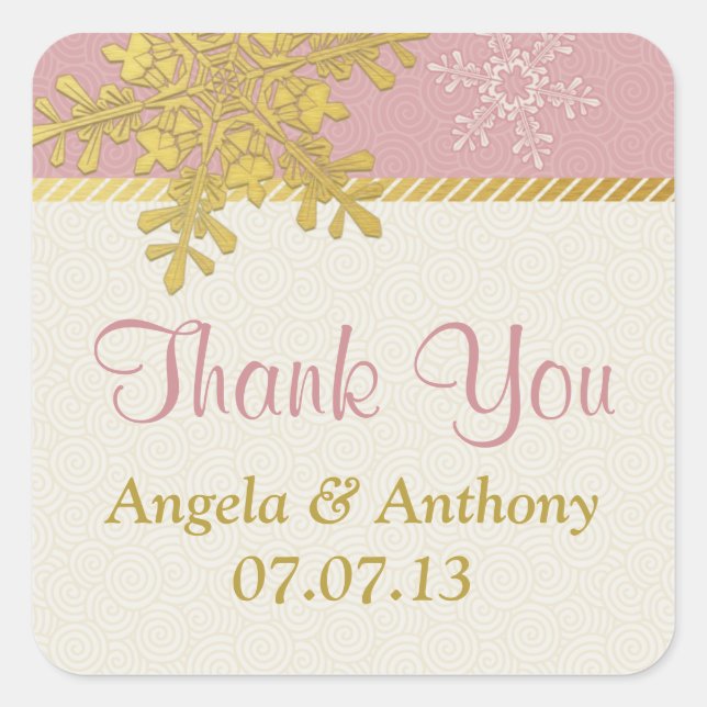 Pink Gold Elfenbein Snowflake Winter Wedding Stick Quadratischer Aufkleber (Vorderseite)