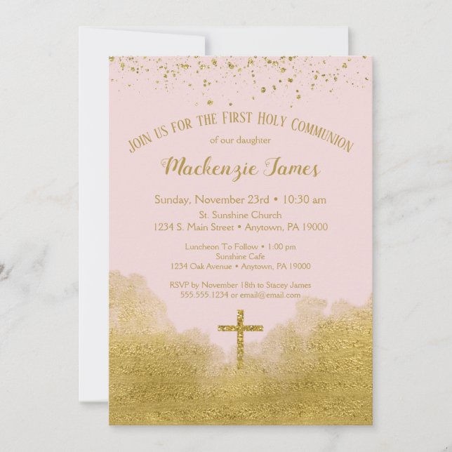 Pink Gold First Holy Communion Invitation Girl (Devant)