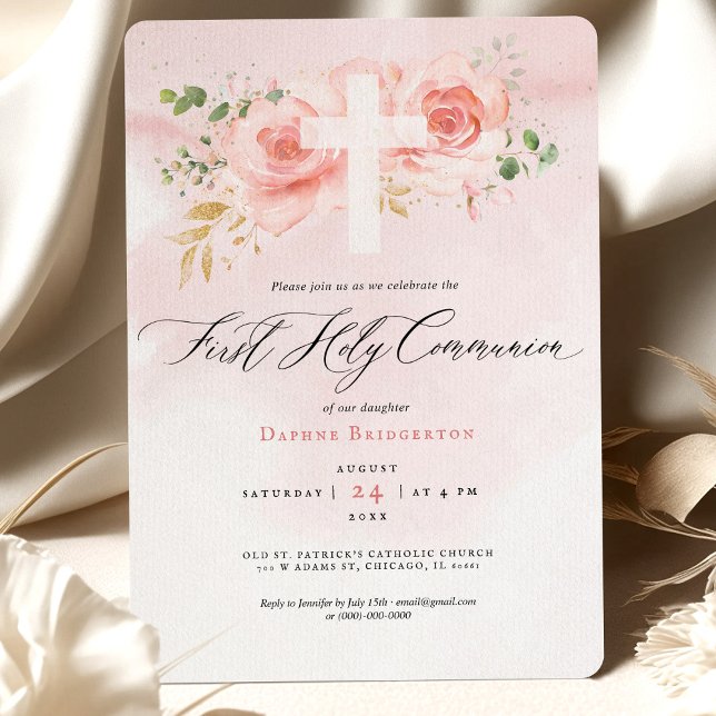 Pink & Gold First Holy Communion Invitation Roses (Créateur téléchargé)
