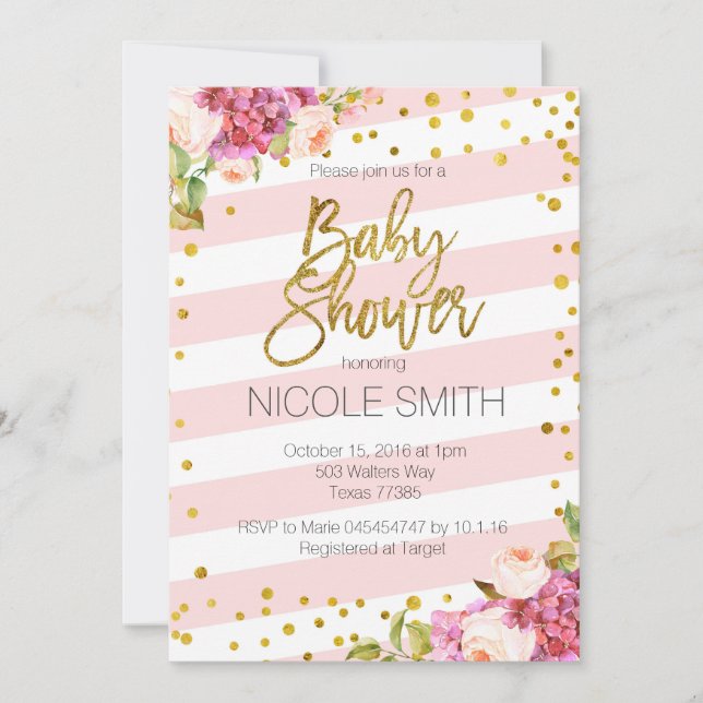 Pink Gold Flor Baby Dusche Einladung (Vorderseite)