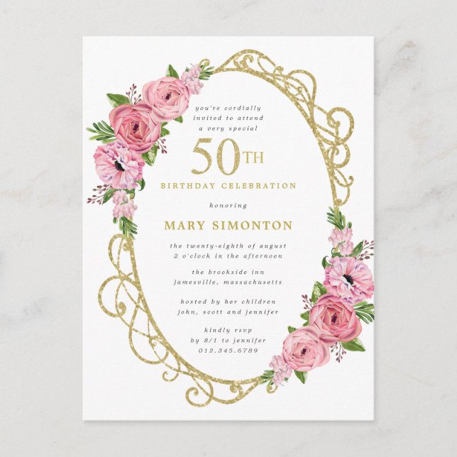 Pink Gold Floral 50. Einladungspostkarte (Vorderseite)