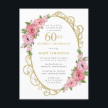 Pink Gold Floral 60. Einladungspostkarte<br><div class="desc">Ehre eine besondere Frau mit dieser eleganten und weiblichen 60. Geburtstagsfeier. Der 60. ist in großem Goldtext geschrieben. Die Geburtstagsfeier folgt. Der Name des geehrten Gastes ist auch in goldenen Hauptstädte zu finden. Der Rest des Textes ist weich taubengrau. Die Details der Geburtstagsfeier sind von einem schicken goldenen Rahmen umgeben,...</div>