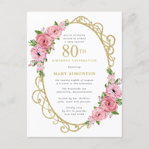Pink Gold Floral 80th Birthday Party Invitation