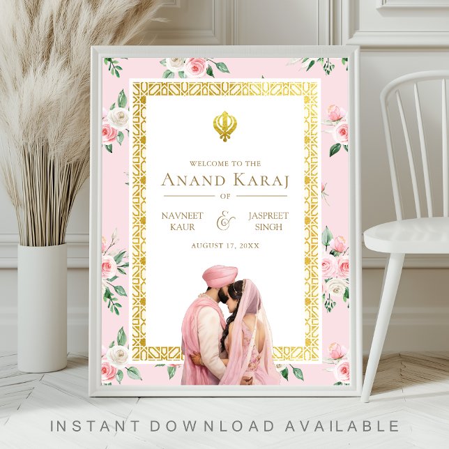 Pink Gold Floral Anand Karaj Mariage Affiche de bi (Créateur téléchargé)