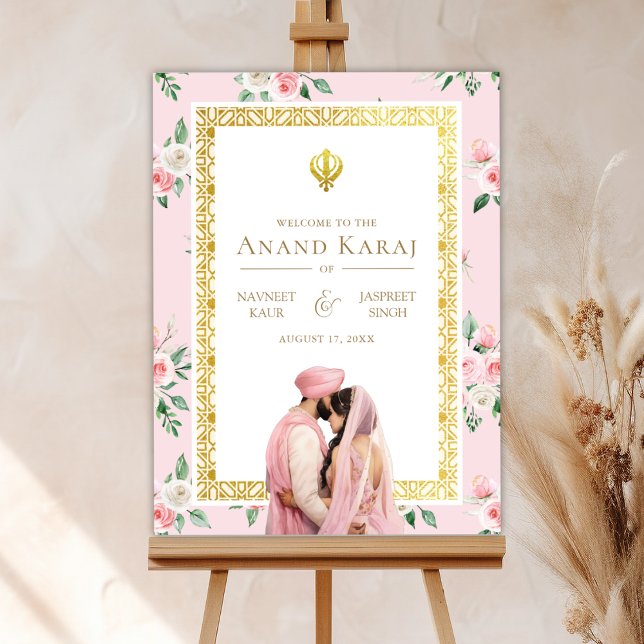 Pink Gold Floral Anand Karaj Mariage Affiche de bi (Créateur téléchargé)
