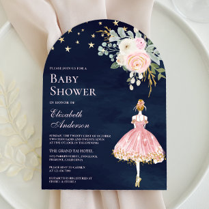 Pink Gold Floral Ballerina Arch Navy Baby Dusche Einladung