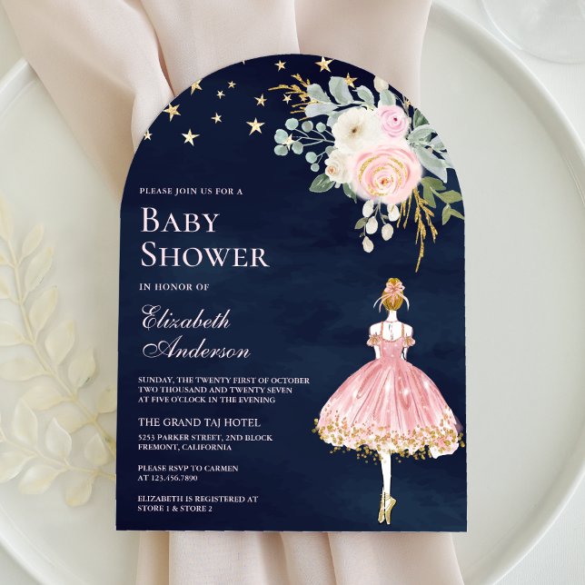 Pink Gold Floral Ballerina Arch Navy Baby Dusche Einladung (Von Creator hochgeladen)