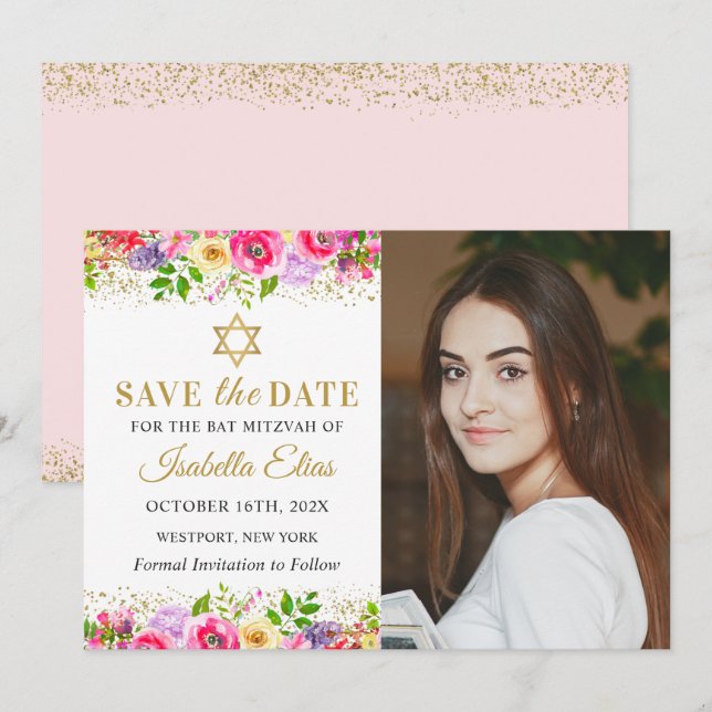 Pink Gold Floral Bat Mitzvah Foto Save the Date (Vorne/Hinten)