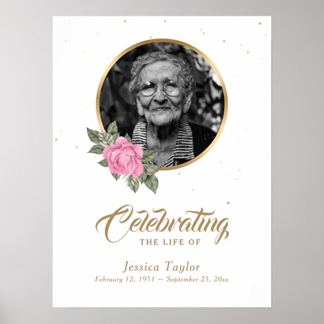 Pink Gold Floral Beerdigung Foto Begrüßungszeichen Poster (Vorne)