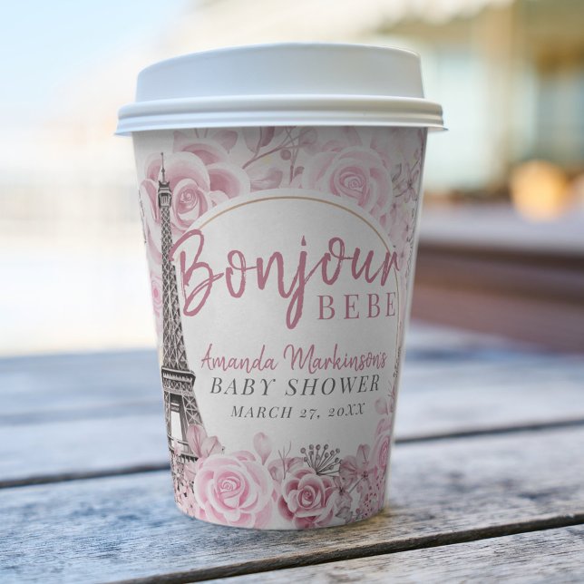 Pink Gold Floral Bonjour Bebe Baby Dusche Pappbecher (Von Creator hochgeladen)
