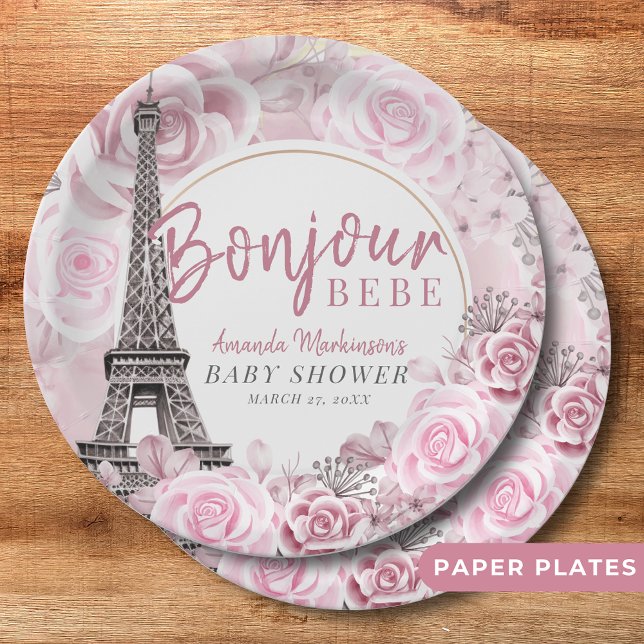 Pink Gold Floral Bonjour Bebe Baby Dusche Pappteller (Von Creator hochgeladen)