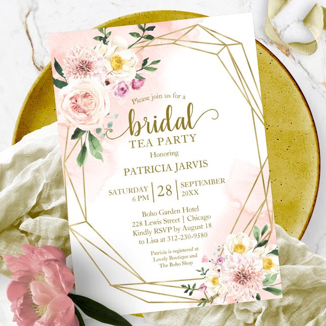 Pink Gold Floral Brautparty Tee Party Einladung (Von Creator hochgeladen)