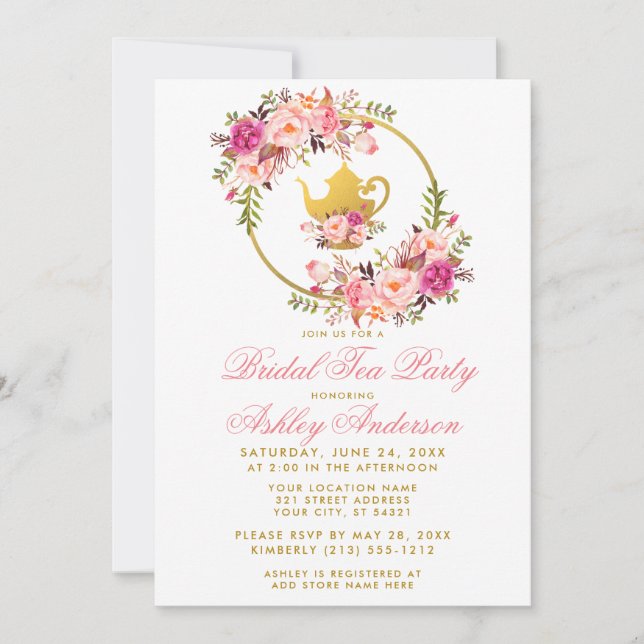 Pink Gold Floral Brautparty Tee Party Einladung GP (Vorderseite)