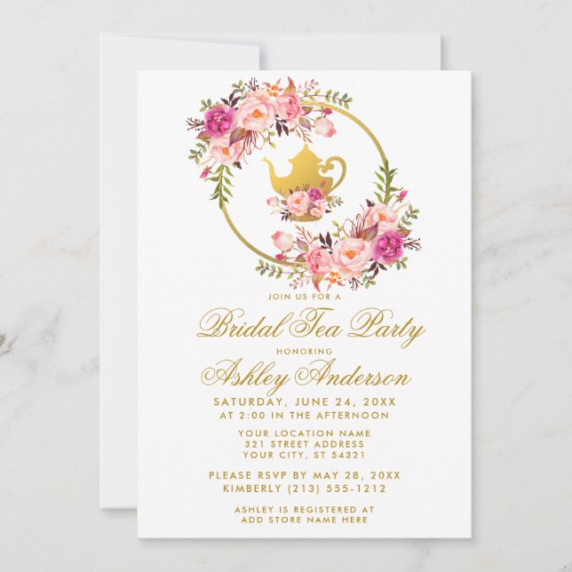 Pink Gold Floral Brautparty Tee Party Einladung WG (Vorderseite)