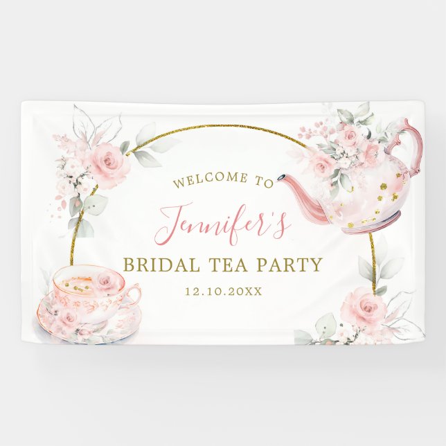 Pink Gold Floral Brautparty Tee Party Grosses Banner (Horizontal)
