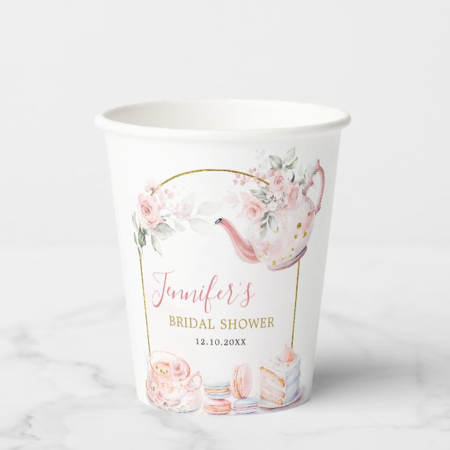 Pink Gold Floral Brautparty Tee Party Pappbecher (Vorderseite)