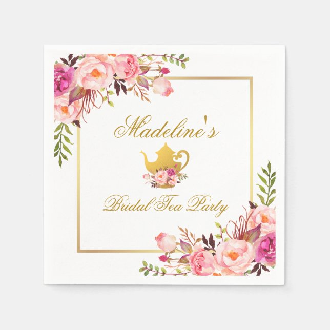 Pink Gold Floral Brautparty Tee Party Serviette (Vorderseite)