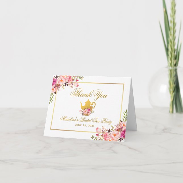 Pink Gold Floral Bridal Tee Party Danke (Vorderseite)