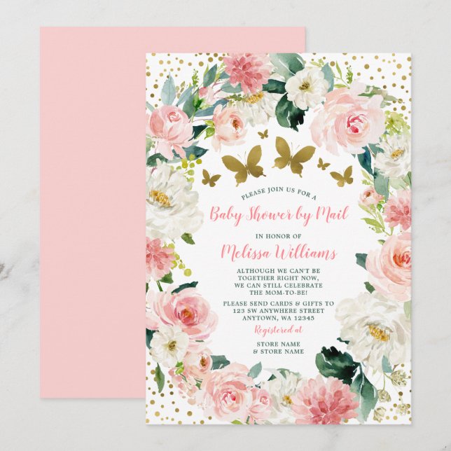 Pink Gold Floral Butterfly Babydusche per Post Einladung (Vorne/Hinten)
