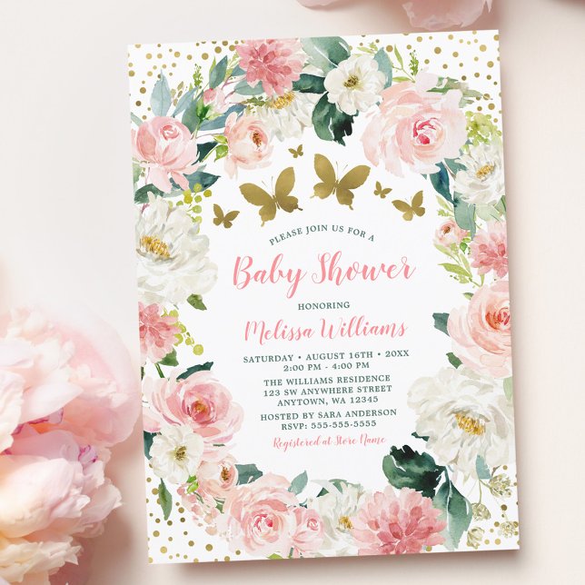 Pink Gold Floral Butterfly Girl Babydusche Einladung (Von Creator hochgeladen)
