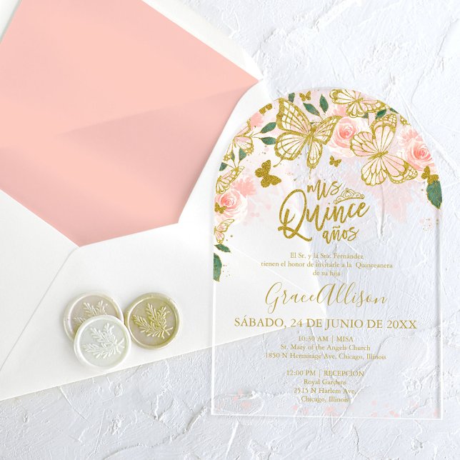 Pink Gold Floral Butterfly Quinceañera Acryleinladungen (Von Creator hochgeladen)