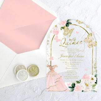 Pink Gold Floral Butterfly Quinceañera Acryleinladungen