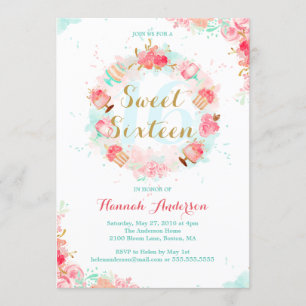 Pink Gold Floral Cake Wreath 16 . Geburtstag Einla Einladung