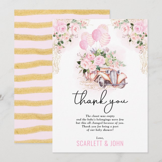 Pink Gold Floral Car Drive by Baby Girl Dusche Dankeskarte (Vorne/Hinten)