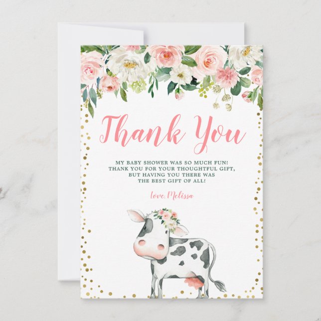 Pink Gold Floral Cow Girl Baby Dusche Dankeskarte (Vorderseite)