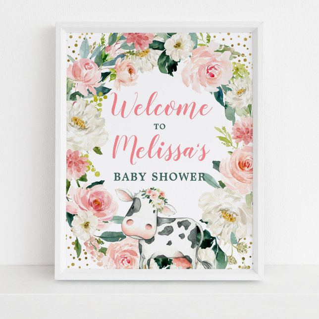 Pink Gold Floral Cow Girl Baby Dusche Willkommen Poster (Von Creator hochgeladen)