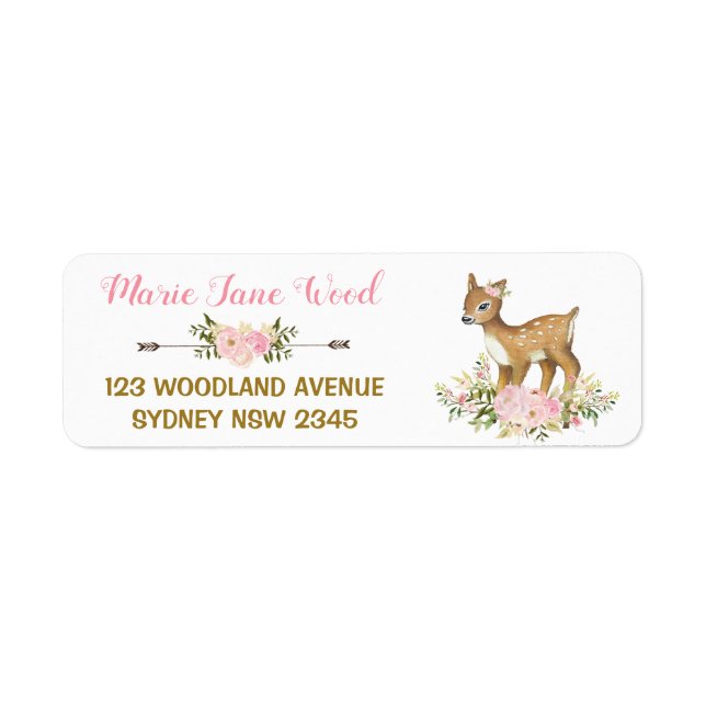Pink Gold Floral Deer Babydusche Etikett (Vorne)