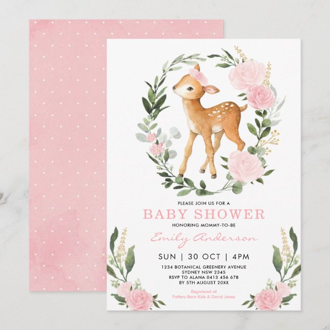Pink Gold Floral Deer Forest Green Baby Dusche Einladung (Vorne/Hinten)