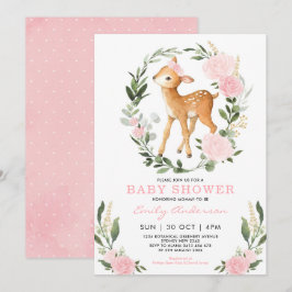 Pink Gold Floral Deer Forest Green Baby Dusche Einladung